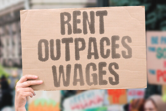 "Rent Outpaces Wages" Pay checks shrink against climbing rents. RENT. WAGES. HOUSING. INCOME. COST.