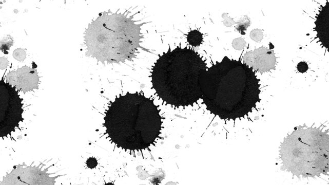 Black circular ink blot texture with bold paint splashes and gray watercolor marks on white