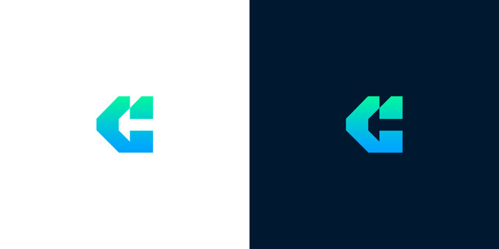 Modern abstract geometric letter C logo in blue and green gradient on white and dark backgrounds