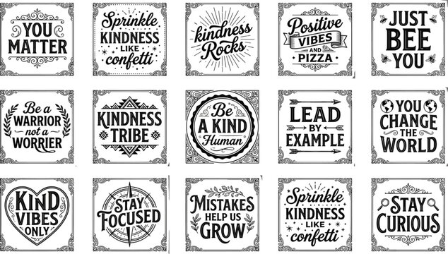 Vector illustration set of fifteen motivational typography quotes with decorative borders promoting kindness, positivity, and mindfulness