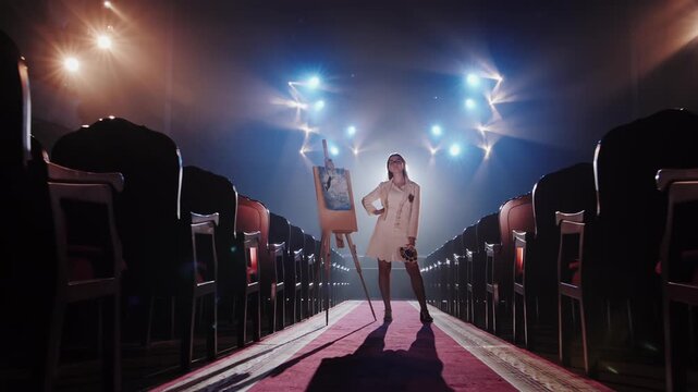 Proud Female Artist Flipping Hair Next to Easel on Stage. Creative Masterpiece Concept