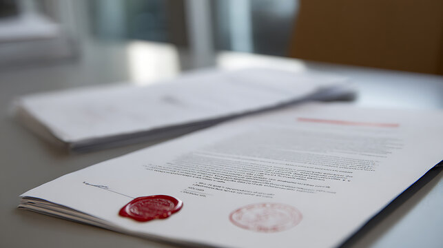 Close-up of a contract or official document featuring a red wax seal and additional documents in the background, symbolizing legal agreement and authenticity