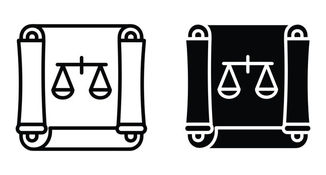 Legal scroll icon set with justice scales symbol representing law court document decree constitution rights judgment authority legislation and fairness