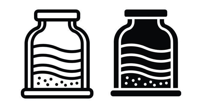 Glass jar icon set with wavy layers and sediment particles representing science experiment soil samples or decorative sand art bottles
