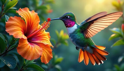 Fototapeta premium Tiny hummingbird hovers near bright orange hibiscus flower. Small bird sips nectar from blossom in green garden. Wings beat fast, iridescent feathers gleam in soft sunlight.
