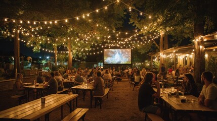 Naklejka premium People enjoying a summer evening in a beer garden, watching an outdoor screen under warm string lights.