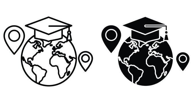 Global education icon set featuring earth globe with graduation cap and location pins representing international study abroad programs and university placement