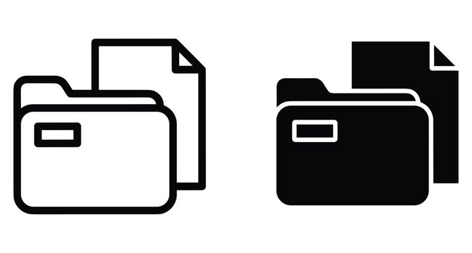 Folder and document icon set with outline and solid versions for digital file management storage organization office paperwork data archiving system
