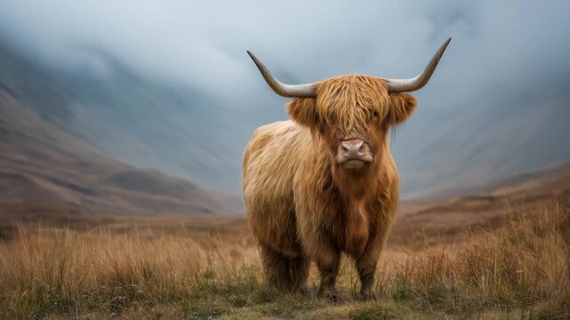 Highland cow standing and turning head on grassy moor in misty scottish highlands with mountain backdrop