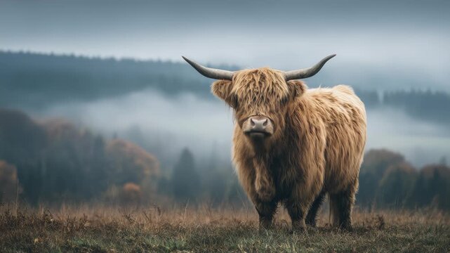 Highland cow standing and facing camera in misty upland pasture with foggy conifer forest and rolling hills in autumn morning