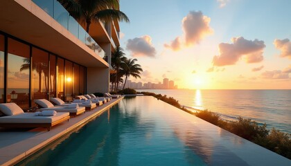 Obraz premium Luxury Miami condo at sunrise features infinity pool and ocean view. Loungers face calm sea, city skyline visible in distance. Palm trees dot tropical landscape.