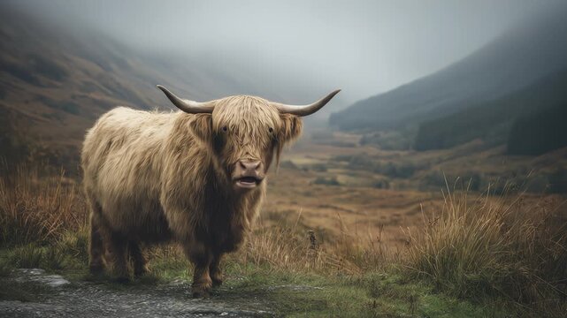 Highland cow walking along narrow mountain road in misty scottish valley with moorland grasses