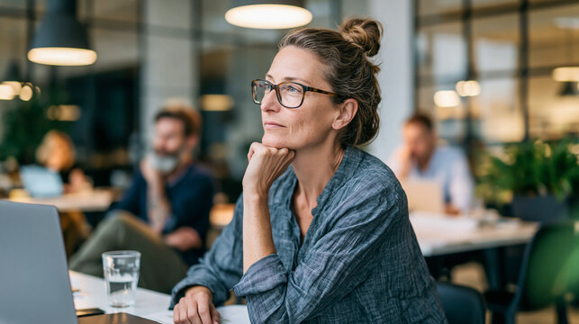 Thoughtful Mature Woman with Glasses Sitting at Desk in Busy Office and Looking into Distance