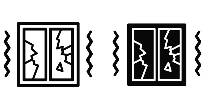 Broken window icon set showing cracked glass and vibration lines representing earthquake damage shaking house window frame safety emergency disaster