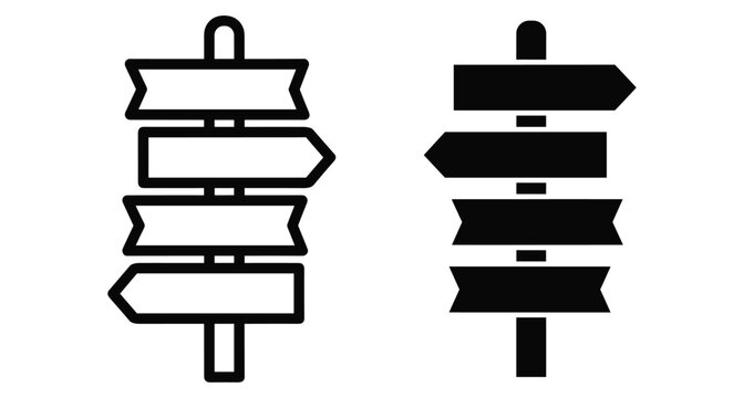 Directional signpost icon set with multiple arrows pointing left and right for navigation travel guidance and decision making path options