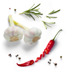 garlic bulbs, chili pepper and green organic rosemary leaves isolated on white background. Transparent background and real natural transparent shadow  Ingredient, spice for cooking. collection for cul © Konstiantyn