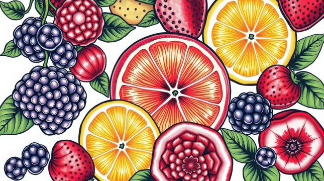 Fresh fruit tattoo art with berries and citrus on white background