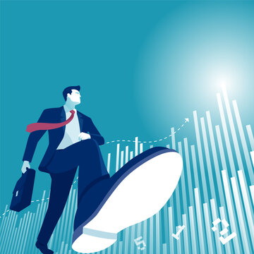 Beginning. First step to success.. Illustration of a manager walking towards a growing business graph.
