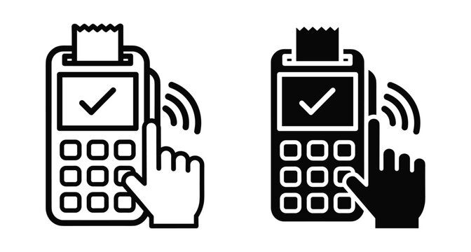 POS terminal icon set showing contactless payment transaction with hand pressing button and receipt paper for retail business commerce sales