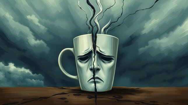 Cracked coffee cup with a frowning face on a wooden surface