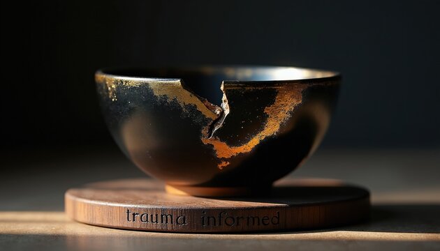 Black ceramic bowl shows cracks repaired with gold lacquer. Bowl rests on wooden stand engraved with trauma informed text. Symbolizes healing and resilience after hardship.