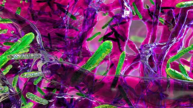 Mycobacterium tuberculosis bacteria within biofilm, 3D animation showing rod-shaped cells embedded in extracellular matrix, illustrating chronic infection and persistence.