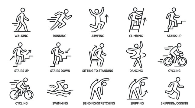 Collection of Human Activity Icons Representing Exercise and Movement.