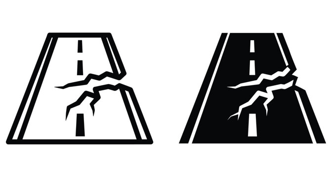 Cracked road icon set showing earthquake damage asphalt street destruction infrastructure failure maintenance needed broken highway path symbol for disaster warning