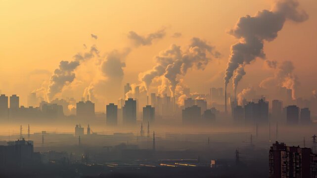 Industrial smokestacks billowing smoke over city skyline during smoggy sunrise in metropolitan outskirts