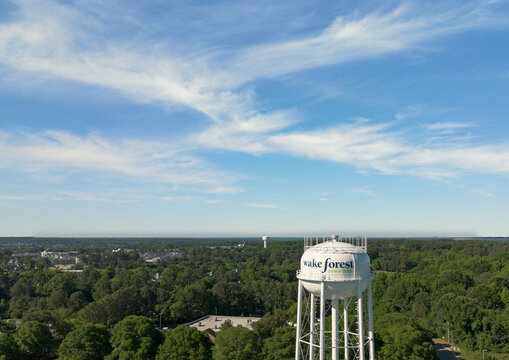 Wake Forest, NC - USA - 05-15-2026: Water tower in downtown Wake Forest, a growing community near Raleigh