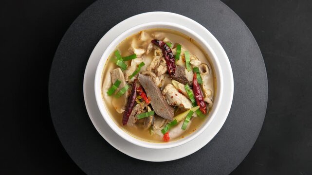 Hot and Spicy Pork Offal Soup.Thai boiled Sour Soup in white bowl.(Tom Saep).Top view.