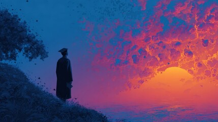 Obraz premium mental state concept, life stage, mix emotion of a lonely silhouette new graduate facing an uncertain future 