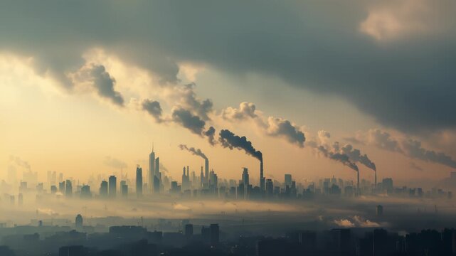 Industrial city skyline emitting thick smoke plumes over hazy metropolitan landscape with low fog and heavy clouds at sunrise