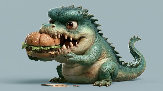 Furry reptile chomps burger, mascot.