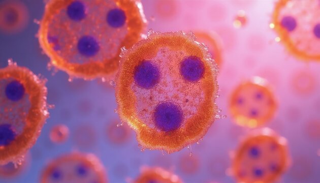 Microscopic view of HTLV-1 infected cells, showing nuclei within cytoplasm. Cells have irregular membranes, indicating viral presence. Medical research graphic.