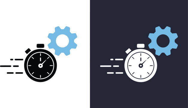 Stopwatch with gears icon speed vector featuring modern blue glyph design for technology and performance branding.