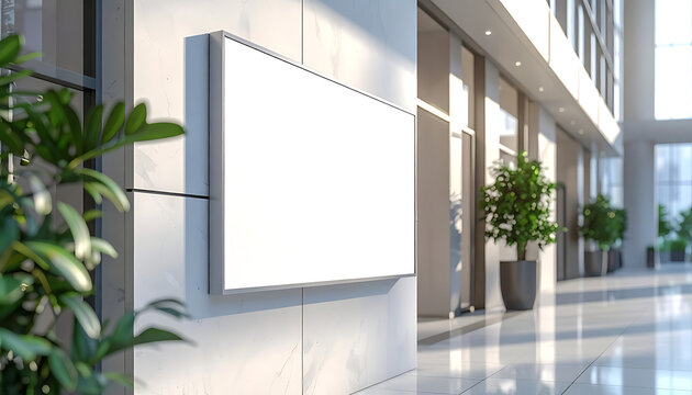 Blank rectangular sign mounted on a modern building facade next to lush green plants, bathed in warm sunlight, office lobby interior perspective