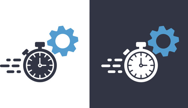 Stopwatch with gears icon speed vector featuring modern blue glyph design for technology and performance branding.