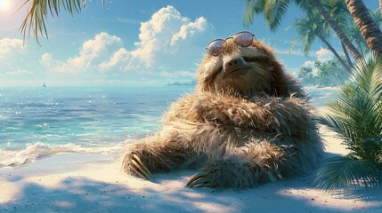 Fototapeta premium Furry sloth chills on the beach.