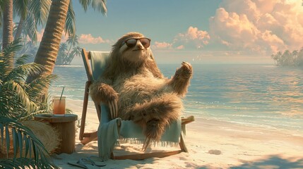 Fototapeta premium Furry sloth chills on the beach.
