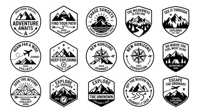 Vector Set of 20 Vintage Adventure and Travel Badges with Mountains, Compass and Wilderness Themes &ndash; Retro Circular and Hexagonal Logos in Black and White Style