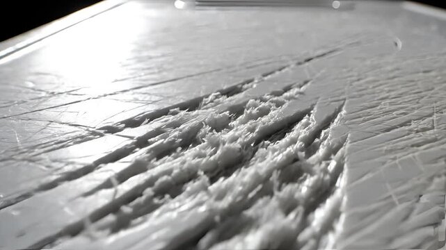 Closeup of ice surface with skate marks and texture.