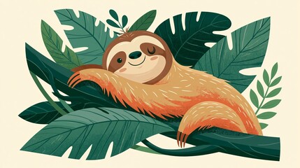 Fototapeta premium Cute sloth on a tree, surrounded by big green leaves. Happy jungle creature shown simply. Great for kids' stuff like prints, stickers, and cards.