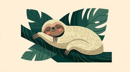Fototapeta premium Cute sloth on a tree, surrounded by big green leaves. Happy jungle creature shown simply. Great for kids' stuff like prints, stickers, and cards.