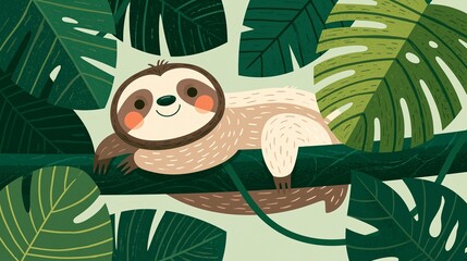 Fototapeta premium Cute sloth on a tree, surrounded by big green leaves. Happy jungle creature shown simply. Great for kids' stuff like prints, stickers, and cards.