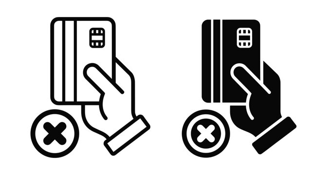 Credit card payment declined icon set showing hand holding plastic card with cross mark for failed transaction error message banking