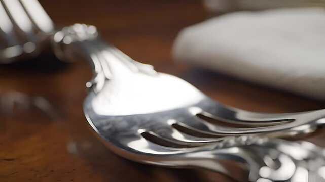 Closeup of ornate antique silver forks on a wooden table.