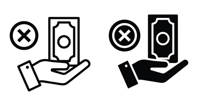 No cash payment icon set showing hand holding money with cross symbol representing bribery prohibition corruption prevention and cashless transactions