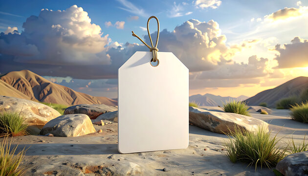 Blank white tag hanging on string in a desert landscape at sunset with dramatic clouds and mountains