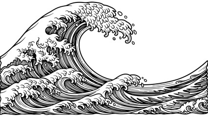 Fototapeta premium A dramatic black and white illustration of a powerful ocean wave crashing with intricate foam details.